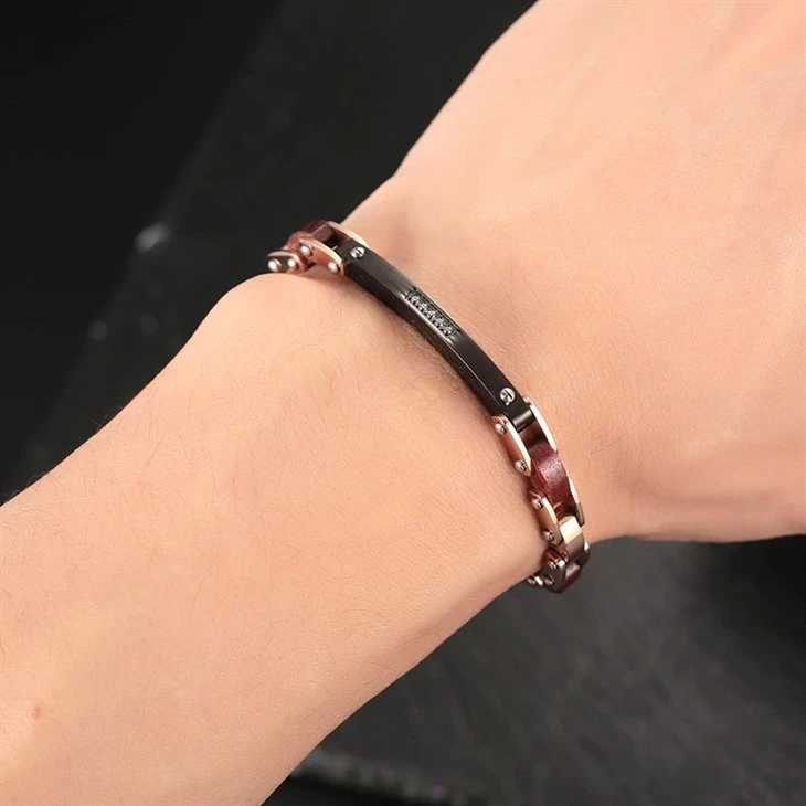 Rose Gold Stainless Steel Wooden Inlay And Zircon Link Bracelet high quality