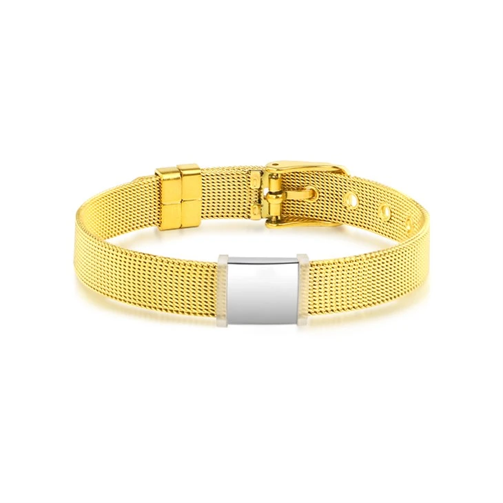 Mesh Stainless Steel Gold Bracelet With Customizable Plate