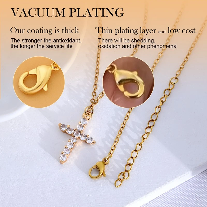 Stainless Steel Dainty Rhinestone Cross Pendant Necklace with Fine Chain plating detail Stainless Steel Dainty Rhinestone Cross Pendant Necklace with Fine Chain plating detail